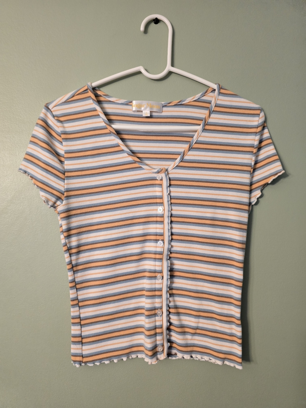 a.n.a Striped Button-Front Short Sleeve Top - Light Blue, Peach & White